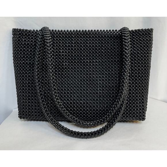 Vintage Handbag Purse Covered W/ Black Plastic Beading Zip Closure Dark Academia - Picture 1 of 6